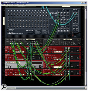 A simple four-way parallel multi-effect setup. One aux send feeds four simple chains — a couple of dual delays, a dual chorus and a distorted flange — the outputs of which are mixed by the same Spider Audio that does the splitting.