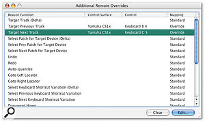 The Remote Overrides window, where you can assign controls for changing patches and re-targeting your MIDI controller.