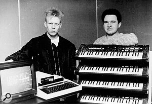 Vince Clarke (left) of synth popsters Erasure in the mid-'80s with his engineer Eric Radcliffe, his stack of Casio CZ101 Phase Distortion synths, and his BBC Model B-based UMI Sequencer. Each of the CZ101's four multitimbral parts was addressable monophonically on a different MIDI channel of the sequencer, which was highly novel at the time. But Vince still needed several CZs to achieve the polyphony he wanted. Within a few years he was getting around this problem by writing records composed entirely of monophonic lines with no chords at all!