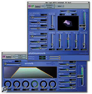 The Platinumverb plug-in (top) provides the smoothest reverb tail in Emagic Logic, but the most creative possibilities come courtesy of Enverb (below).