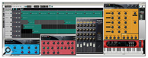 The VariOS's default V-Producer software. The Vari Track window (top left) closely resembles a piano-roll editor in a sequencer. On the right is the VariOS Mixer, and several effects are visible (chorus, reverb, and multi-effects), as well as the on-screen keyboard, which displays input MIDI note data.