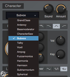 Screen 4: The Character section has only two parameters, Sound and Amount, but it offers a  broad selection of waveshaping filters to choose from. The Sound parameter can be modulated for dynamic timbral change, and Amount can be automated.