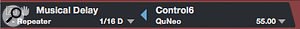 Screen 4: Musical Delay is the step time in the main grid. Here, I have mapped a KMI QuNeo controller strip to the step time. Typically, I  touch the strip to set the step time, rather than sliding my finger along it.