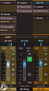 Screen 3: Setting up widening delays as send effects and then submixing them with the dry signal offers the flexibility to treat the delays differently from the dry sound, then treat them together. In this example, the submix is compressed with a UAD Fairchild 670. Note that the dry guitar is panned to the right to keep the image balanced around the centre, since the longer delay is panned left.