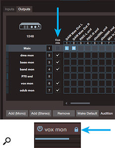 Screen 2: Ticking the Cue mix box for an output in the Audio IO dialogue (top) makes a cue-mix object (bottom) appear on each channel assigned to an interface output. While cue-mix objects are pre-fader, their level and panning are locked to that of the channel by default, but clicking the lock icon in the cue-mix object makes the cue level and pan independent of the channel controls.