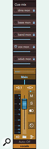 Screen 4: This song uses five cue submixes. Note that the vocal cue submix is the only active cue submix for this vocal submaster channel. The ‘odub mon’ mix is for returning existing material for punch-ins.