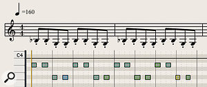 Diagram 7: A simple, fast, repeated two-note figure typical of the driving ‘ostinato’ rhythmic phrases used in contemporary media scores. Dots underneath the notes indicate that they’re played short; such phrases should be performed with a light ‘bouncing’ action, leaving a short gap between each note.