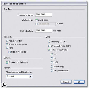 The Timecode and Duration window lets you configure at what point in the time the video plays from, and offers settings for the unit of measurement used to describe timecode and how timecode gets presented on the score.