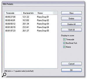 The Hit Points window lets you manage hit points in your Sibelius score, either by creating new hit points, deleting existing ones, shifting all the hit points by a given timecode offset, or fine-tuning frame-accurate positions of existing points.