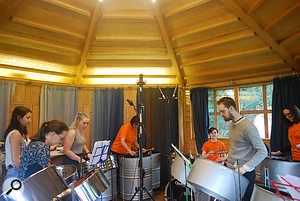 Here you can see both the Soundfield mic and the X-Y array used to capture the steel band, with both placed above the instruments.