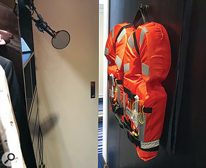 Two bulky, foam-filled lifejackets helped to reduce reverberation in our early cabin-closet 'booth'... but a noisy overhead vent forced us to move. elsewhere.