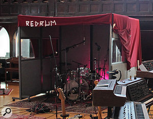 A drum ‘cave’ was erected, largely to help keep the sound close and tight, with the main image being captured not by the overheads, but by two pairs of room mics.