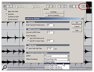 The Audiosnap Options button (circled in red for clarity) opens up a dialogue box where you can specify the type of stretch algorithm to be used globally, as a default.