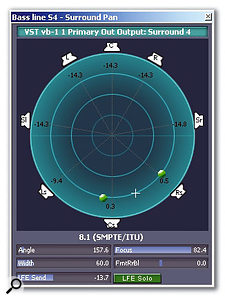 Here's what the new surround panner tool looks like when you're working with a nine-channel 8.1 mix. Moving the mouse in the display lets you change angle and focus (that's the crosshair) and width (the two green balls) in an intuitive manner. Your virtual listener is steered between the available audio channels just as easily as if you audio was simply being panned left or right.