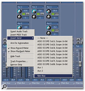 Right-click in a track or console channel to bring up a menu that allows you to create a send, and choose its destination buss.