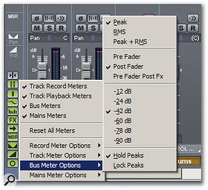 Meter options are fairly similar for Record Track, Playback Track, Buss and Mains meters, although there are a few significant differences.