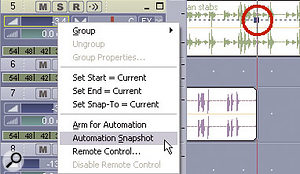 A right-click on the fader in the upper left has brought up a menu with the Automation Snapshot option. Selecting this has dropped an automation node in the related track (circled for clarity).