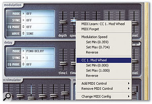 In this example, the modulation effect's Speed control has been restricted to a small range, as shown by the blue line in the fader's 'groove'. The pop-up menu shows that the Modulation Speed range has been restricted, but the Mod Wheel travels over its full range to cover this restricted range, thus providing a type of fine tuning.