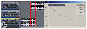 Crossfade is about to be applied to two overlapping clips (the overlapping area is outlined in red for clarity). Note the custom curve, and the fact that the tracks don't have to be numbered consecutively.