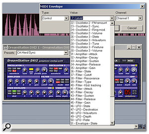 The value drop-down menu not only lets you select an envelope parameter, but also provides a useful reference for which MIDI controllers match particular Dreamstation parameters. For example, Controller 22 controls the Oscillator 2 FM Amount parameter.