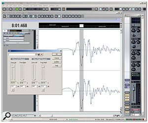 Here's the window layout I use for digital audio editing. Note the Master Strip to the right, with the Sonitus EQ set for subsonic removal, and the LP64 EQ and Multiband Dynamics processors inserted to add effects. On the waveform itself, a rogue peak is about to be reduced by a few dB so that normalisation can produce a higher average level without compressing or limiting.