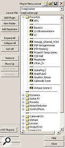 A custom plug-in layout is in the process of being refined. Note the Favourites folder at the top, with separators to help differentiate various functions.