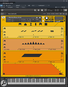 Maximo’s Brass instrument, running in an instance of Kontakt. The three graphic-score phrase areas are easily spotted, and Kontakt’s keyboard reveals the extensive (and widely spaced) key group implementation. It’s possible to load other orchestral sections alongside, in the same Kontakt instance; their key groups complement one another to allow for concurrent use. 