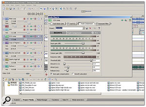 Insert effects on a track are accessed through the FX Chainer. By default, each track is loaded with a noise gate, EQ and compressor.