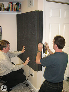 Reflections from the alcove to the right of the main studio workstation were causing monitoring problems, so Paul and Hugh nipped down to the local music shop to get some acoustic foam. This was applied to the most problematic wall, taking care to cover the corner as well, and this gave a significant improvement in the monitoring accuracy.