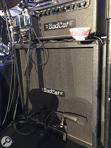 The combination of a Shure KSM32 and Audix i5, mounted on Z-bars on the bottom two cones of Wilson’s guitar cabinet, allow Bond to shape the FOH guitar sound.