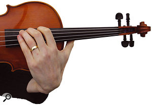 String players usually have a choice of strings upon which to play any given pitch, although this involves moving the left hand from its default position near the tuning pegs. These four pictures here show the same pitch (A#) being played on the four strings of a viola in this way. Although it takes a little more concentration to play with the left hand out of its default position, the other hand positions provide different (and often more suitable) tonalities that sample libraries rarely include.