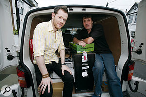 Our White van man pauses for a photo with SRT prize-winner Dean McCarthy, and the pile of tasty studio gear that made up his prize.