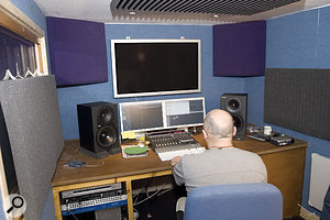 Normally acoustic foam panels will act primarily on mid-range and high-frequency reflections, but you can improve the low-frequency absorption effects by spacing the panels a few inches from the wall surface — the easiest way to do this is simply to stick small off-cuts of foam to the back of each panel as spacers (top). For best results, fix the panels across the room's corners (shown above).