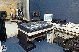 The control room at Arc, with (left-right) Tannoy monitors (and temporary Technics SB3130 speaker for the Centre speaker, on an equally temporary stand!), Soundcraft Ghost desk, Soundscape system and host PC, Tascam DA20 MkII DAT, Yamaha REV500 multi-effects, and Fostex DMT8VL digital multitracker.