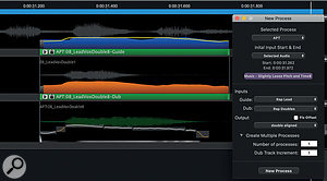 These three screens demonstrate the importance of choosing or refining the algorithm to suit the material. The example comprises a rap lead and a double, with the double only emphasising certain words and syllables so there are some gaps. The first two screens show the result of applying the 'Music - Slightly Loose Pitch and Time' APT preset: notice how the 'aligned' part is much shorter overall than the original. The close-up shows where RVP has attempted to align one syllable of the dub to two syllables of the guide. The third screen, though, shows an almost perfectly aligned double — the result of the 'Gaps in Dub - Slightly Loose Time & Pitch' preset.