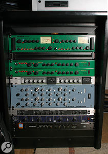 One of the well-stocked processing racks in Darren's studio (from top): Joemeek TwinQ and two VC6Q voice channels, Smart Research C2 compressor, Oram Hi-Def 35 equaliser, Behringer Ultrafex II enhancer, SPL Transient Designer dynamics processor, and Digidesign ADAT Bridge audio interface.