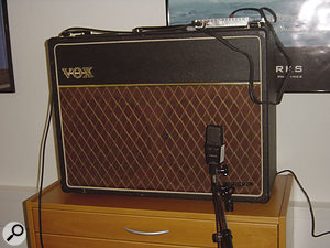 Part of Stefan's test rig, featuring a vintage Vox AC30 amp with his analogue treble-boost emulation on top.