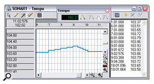 Sonar's Tempo View is behind the detached Tempo toolbar. Most tempo editing occurs here, either graphically or using an event edit list.