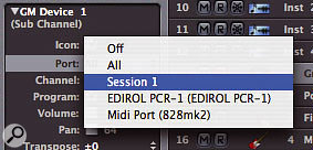 The name of the MIDI Networking Session is used as the name for the corresponding MIDI input and output ports in Core MIDI Applications, as seen here in Logic Pro 7, where 'Session 1' shows up as an available MIDI Output port.