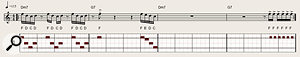 The ‘Uptown Funk’ instrumental break horn line, transcribed by Dave Stewart. The part focuses on rhythm, with only four notes used in the melody — note how the first ‘F D C D’ phrase is played three times in the first bar, with the second iteration falling on the offbeat between beats two and three. This passage starts at 2.21.