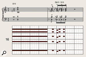 A typical jazzy voicing for a  five-horn line-up — from the top, trumpet, alto sax, tenor sax, trombone and baritone sax combine to play a  familiar 13th chord. Such chords can be animated by adding rhythmic and melodic movement, as shown in the second bar.