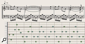 Picture 2: A short extract from Igor Stravinsky’s Dumbarton Oaks condensed to violins/strings top line with staccato bassoon accompaniment. Note that the bassoon’s up-and-down arpeggio is constructed entirely from fourth intervals!