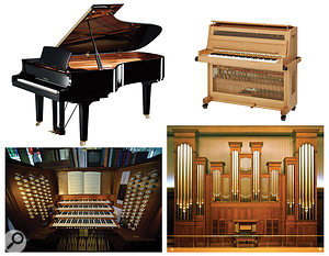 The principal orchestral keyboards (not to scale): Top: grand piano (L), celeste (R). Bottom: pipe organ manuals, pedals and stops (L), organ pipes (R).