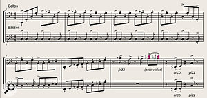 Diagram 4. Low strings driving, staccato eighth-note ostinato patterns propel the rhythm of the ‘chase sequence’ theme. Note the basses are written an octave higher than actual pitch.