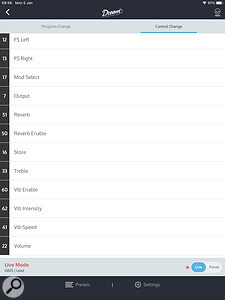The MIDI CC parameters are visible in the UAFX Control mobile app — this is only part of the scrollable full list.