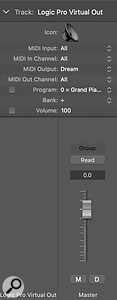 Sending MIDI data to a UAFX pedal in Logic uses an External MIDI Track, in this instance set to address a Dream ’65.