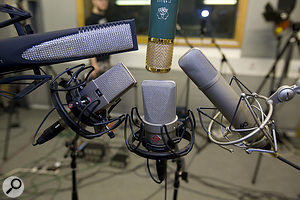 The shortlisted mics for Chuck, clockwise from top left: SE Electronics RNR1, AKG C12VR, Microtech Gefell M92.1S, Neumann TLM103, AKG C414B ULS.