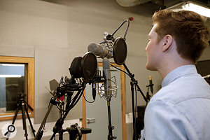 Adam Glover sings into his shortlist of four vocal mics: (clockwise from top) Neumann U47, Microtech Gefell M92.1S, AKG C414B ULS, Coles 4038.