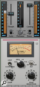 A limiter and compressor used together: the limiter applies gain reduction of about 6dB only during peaks, while the compressor applies about 6dB of gain reduction and that combines with make-up gain to increase the average level.