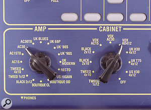 The Valvetronix Tone Lab lets you choose from 16 amps and 11 cabs, directly from the front-panel chicken-head rotary switches.